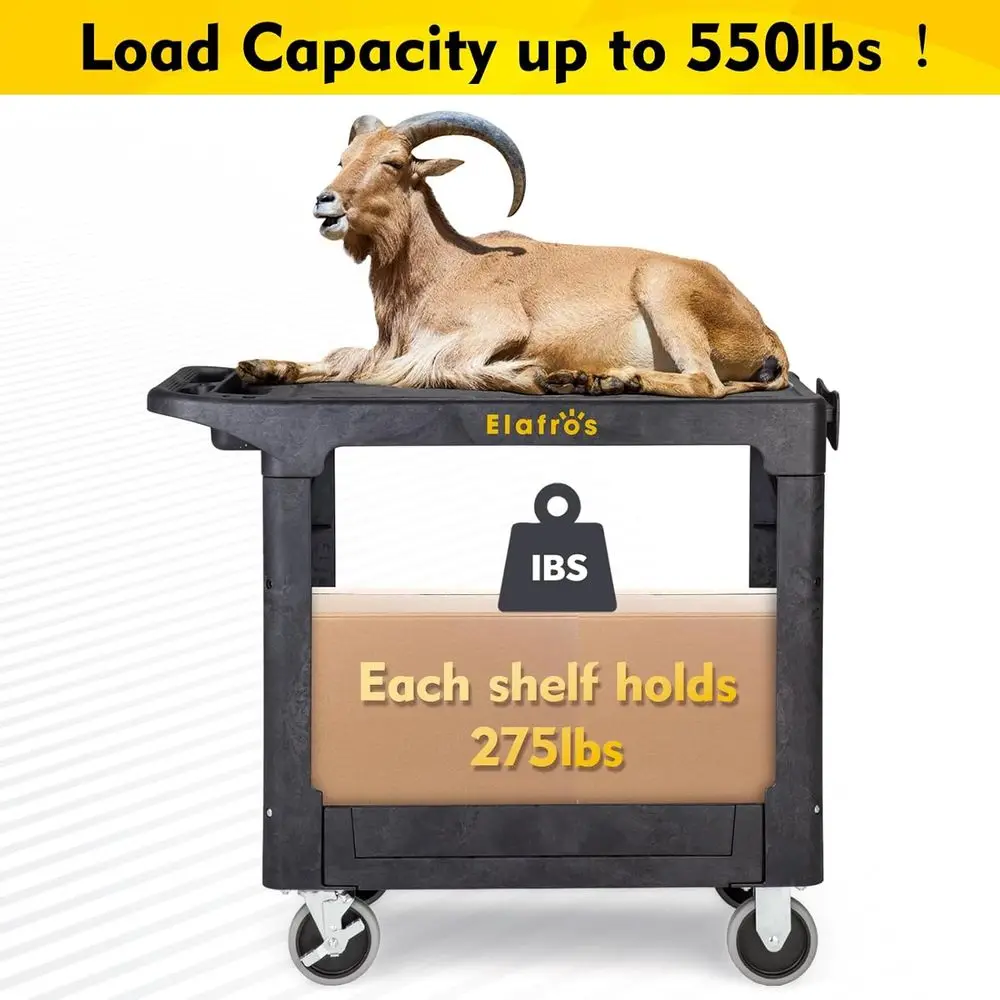 Sturdy 2-Tier Plastic Utility Cart, 37x18.8 Flat Top, 550 lbs Capacity, Swivel Wheels for Warehouse & Garage Use