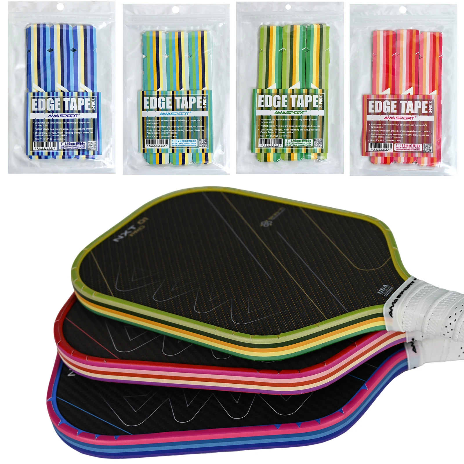

AMASPORT Lightweight Pickleball Paddle Edge Guard Tape Protective Tapes for All Thickness Edges Stripe/Gradient Special Design