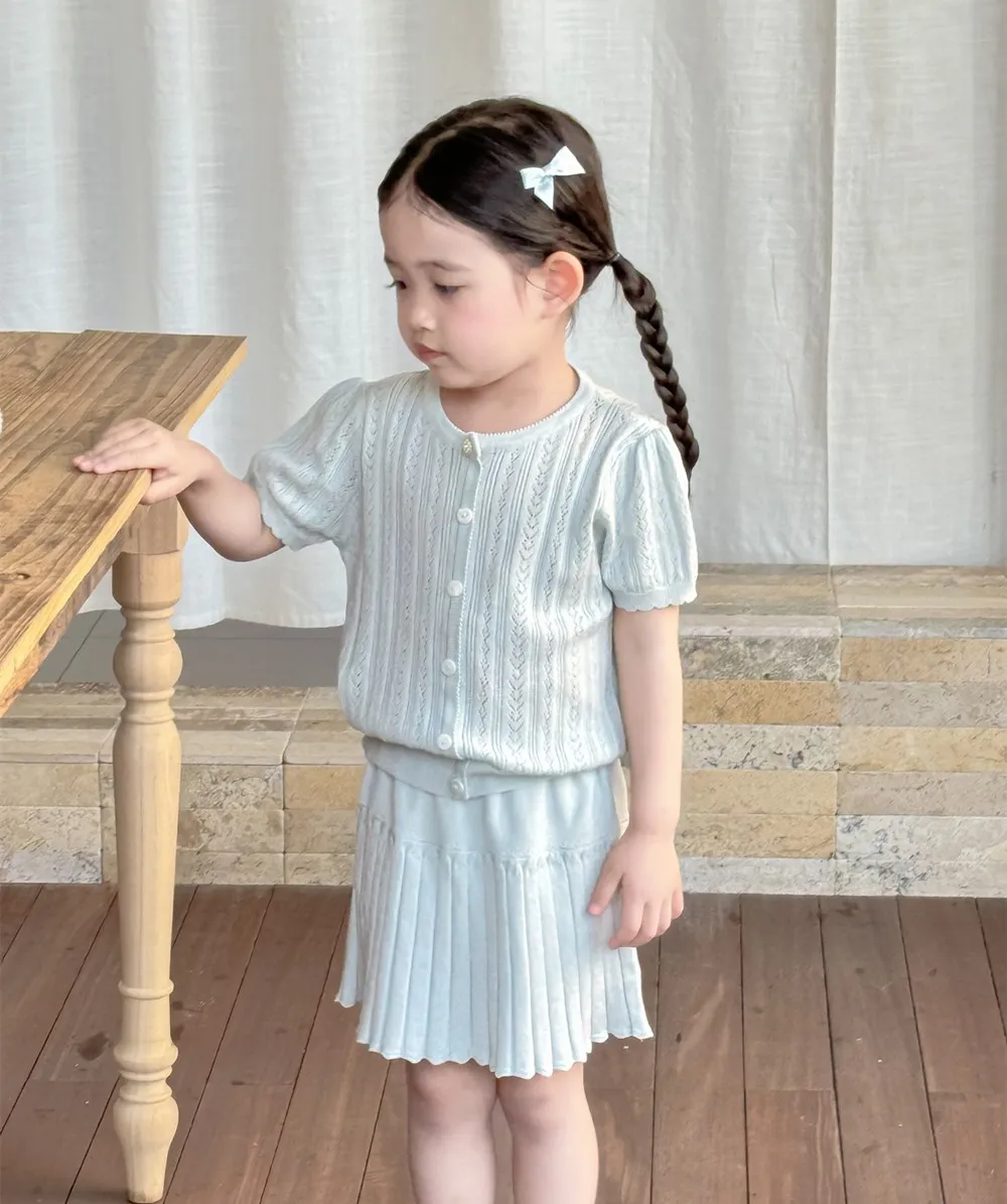 

Summer toddler clothes baby girls clothes girls' knitted top Short sleeved hollow sweater top + skirt
