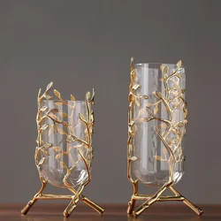 Glass Metal Vase Hollow Gold Metal Frame Branches Rattan Transparent Flower Vase Flower Arrangement Hydroponics Home Decoration