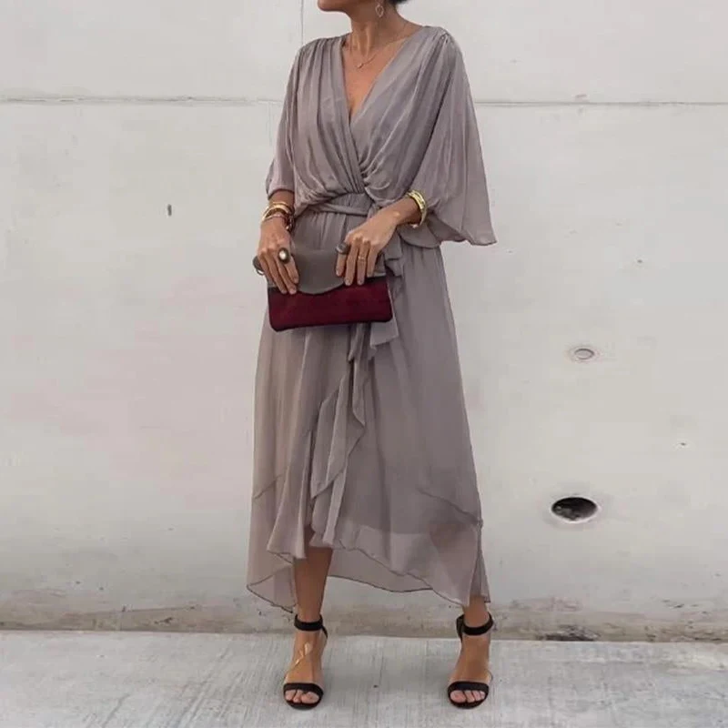 Spring V Neck Loose Long Irregular Dress Women Sexy Lace-up Pleated Bohemian Dress Summer Batwing Sleeve Solid A-Line Maxi Dress