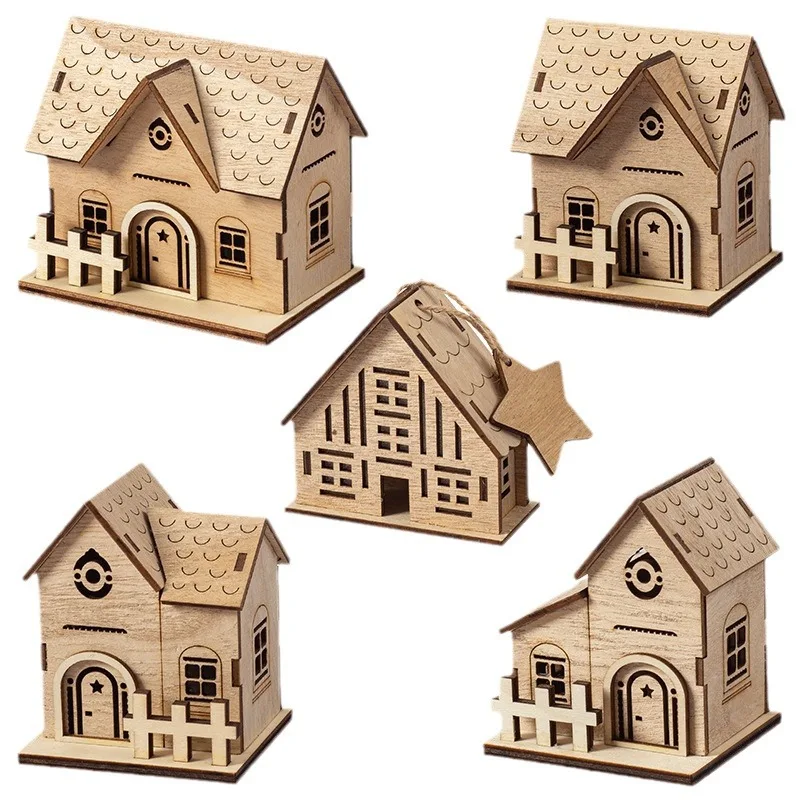 Christmas Wooden Atmosphere Luminous Small Wooden House Decorations Home Furnishings Holiday Wooden Handicraft Decorations