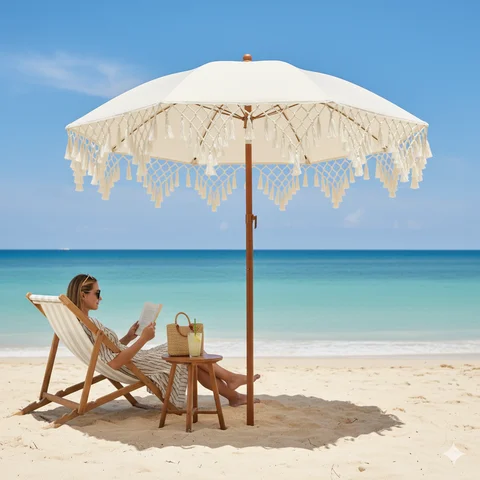 Triangle Fringe Decorated UPF50+ Outdoor Sunshade Umbrella Rotatable for Courtyard Beach Sun Protection No Base Included