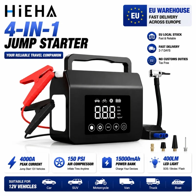 Avviatore di emergenza 4000A con compressore d'aria 150 PSI, HIEHA L8 15000mAh, booster per batteria auto e gonfiatore per pneumatici per auto e SUV 12V, disponibile in Germania, Spagna e nell'UE
