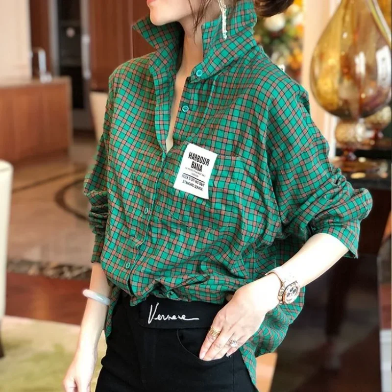 Spring Plaid Clothes Long Sleeve Yellow Tops for Women Green Womens Shirt & Blouse Tall Trend 2024 New Collection Elegant Luxury