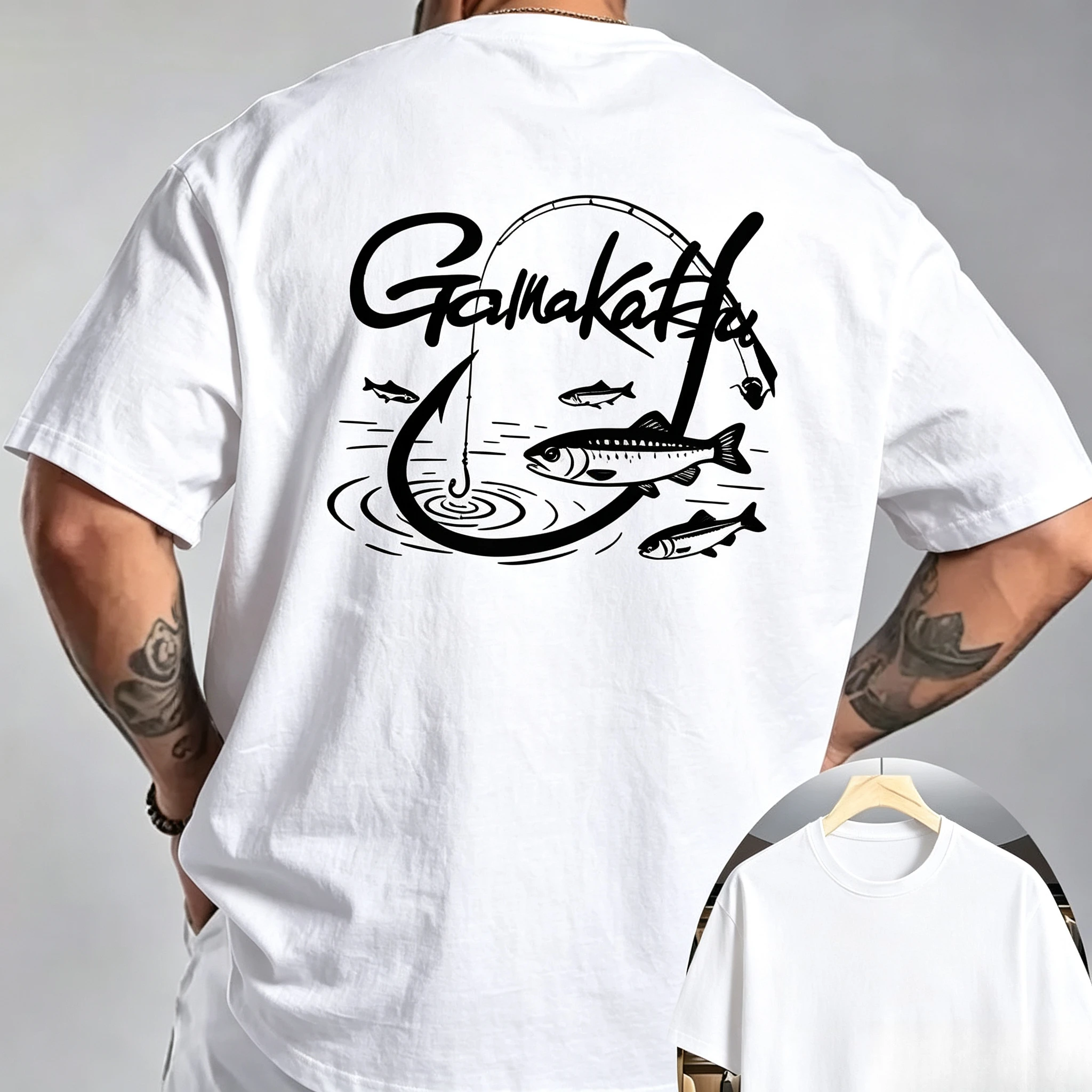Family Matching T‑Shirt Black Outdoor Fishing Rod Hook Fish Graphic Dual‑Side Print Angler Streetwear Sleeve Tee Tops