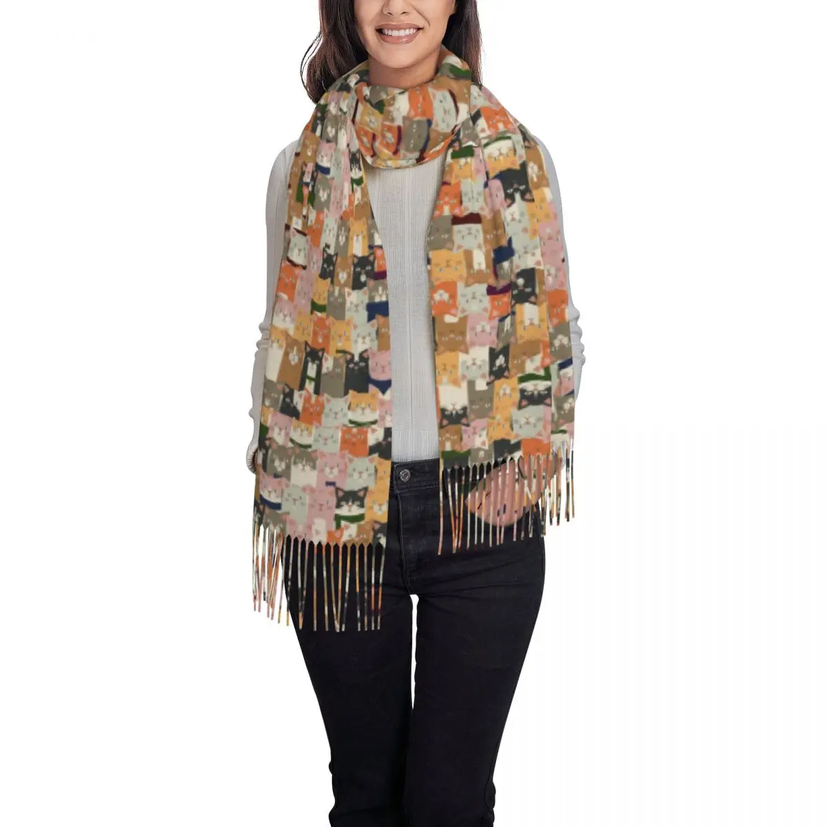 Colorful Cartoon Kitten Cat Scarf Tassel Scarves for Women Soft Warm Shawls and Wraps Large Fall Winter Shawl Wrap
