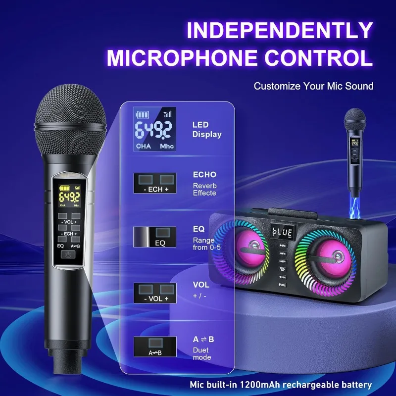 SD218 Wireless Karaoke Bluetooth Speaker PA System with 2 UHF Microphone Rhythm LED Lights USB/TF/AUX Portable Outdoor Subwoofer