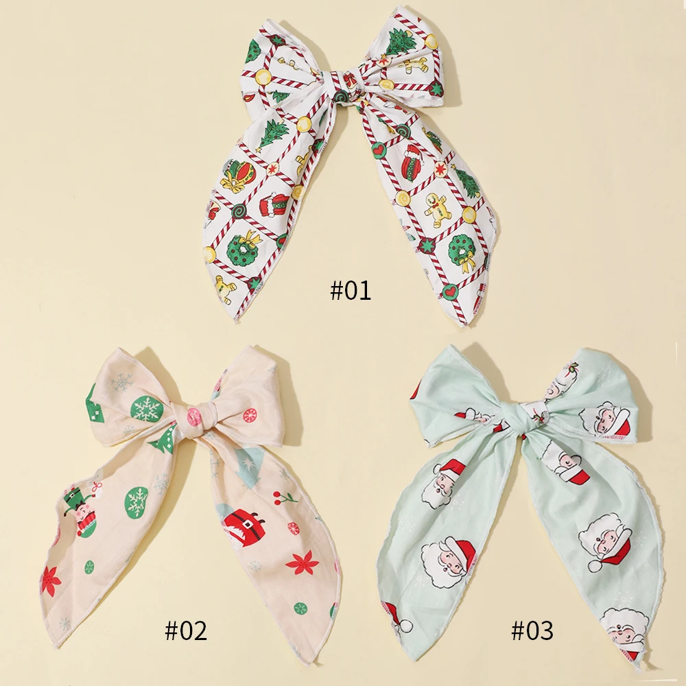 Christmas Print Bows Hairpins Women Girls Sweet Bowknot Hair Clips Santa Claus Christmas Tree Barrettes Holiday Hair Accessories