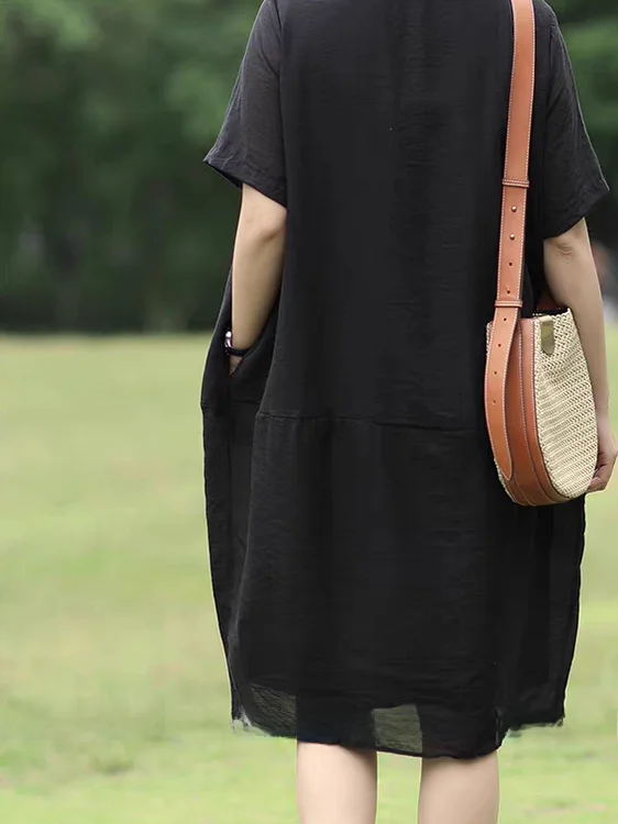 우아한 순색 린넨 셔츠 드레스 한국 스타일 출퇴근용 루즈핏 허리 여름 패션 여성 드레스 미디 길이 A라인 스커트