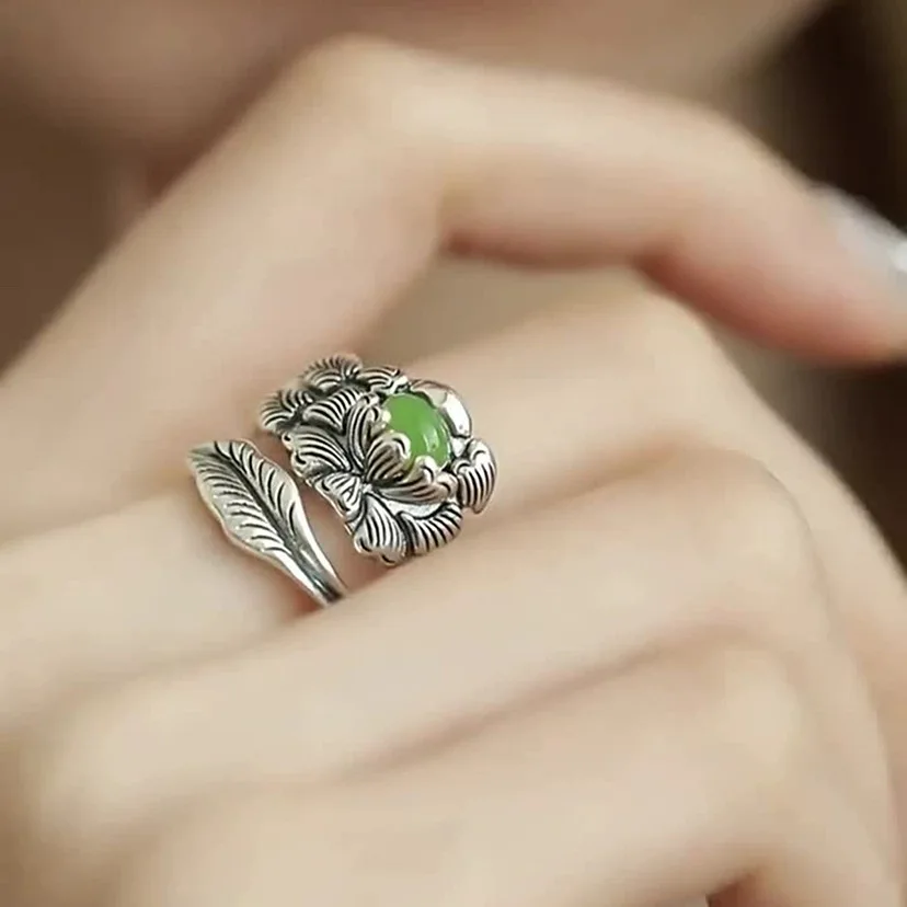 Silver new vintage ethnic style, national color, heavenly fragrance, peony flower ring, adjustable men's and women's jewelry