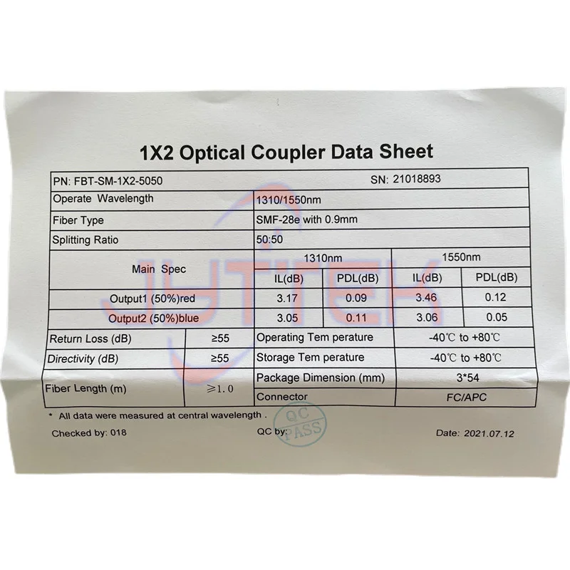 1x2  Dual-Window 1310/1550nm Single Mode Fiber Optic Couplers 50:50 Split FC/APC Connector