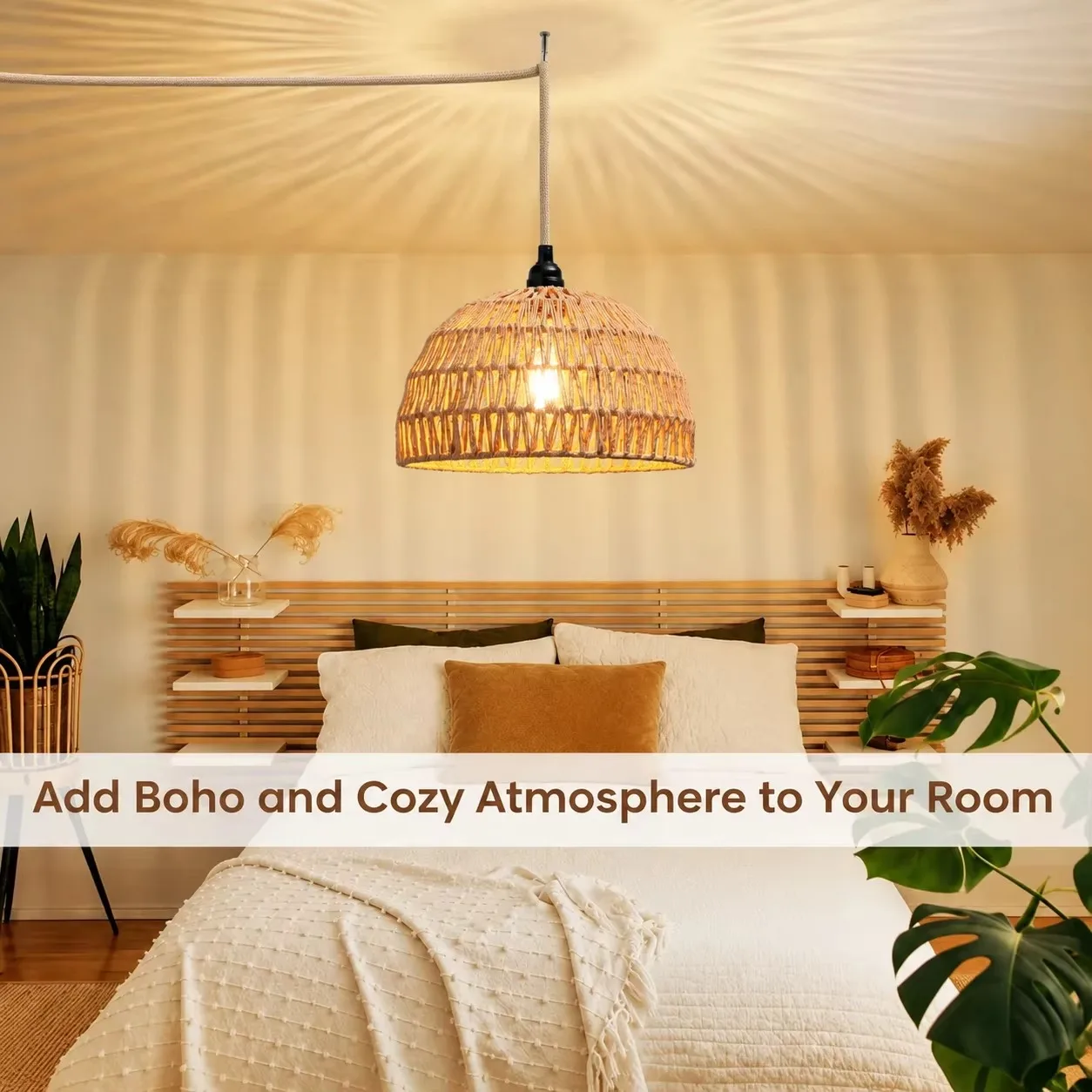 JOYINLED Boho Rattan Chandelier Light E27 Plug In Pendant Lamp Handmade Hanging Fixture with Switch for Living Room Bedroom