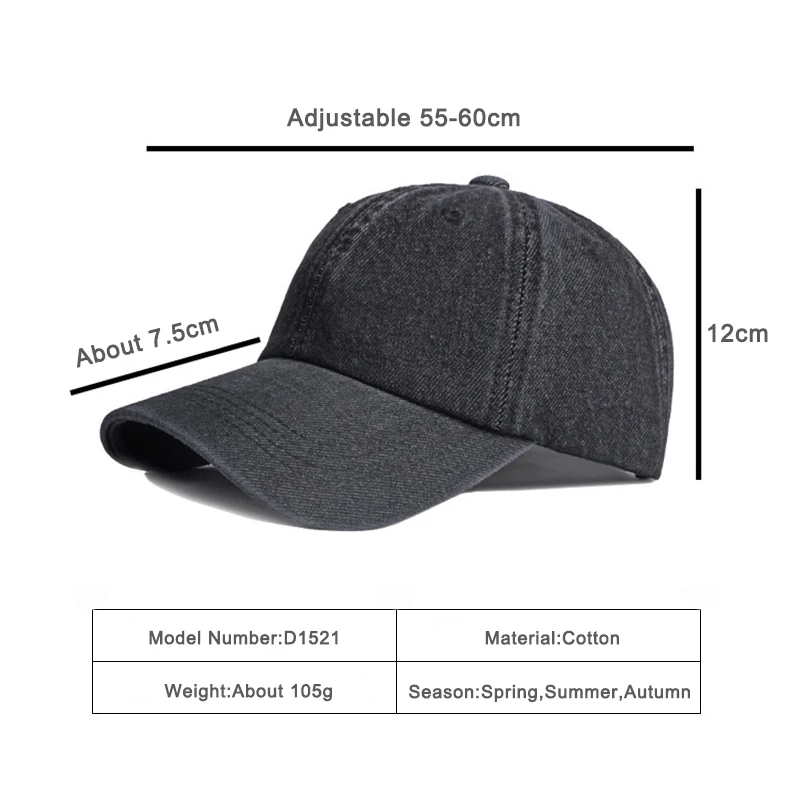 Casual Washed Cotton Baseball Cap Men Solid Black Blue Denim Dad Hat Visor Spring Summer Outdoor Travel Trucker Caps Adjustable