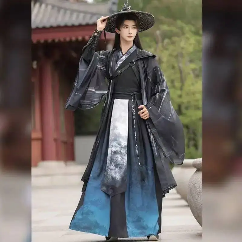 

Ancient Reclusive Hanfu Dress Men Women Weijin Period Gradient Printing Costume Cross Collar Stage Suit Hermit Cosplay Clothing