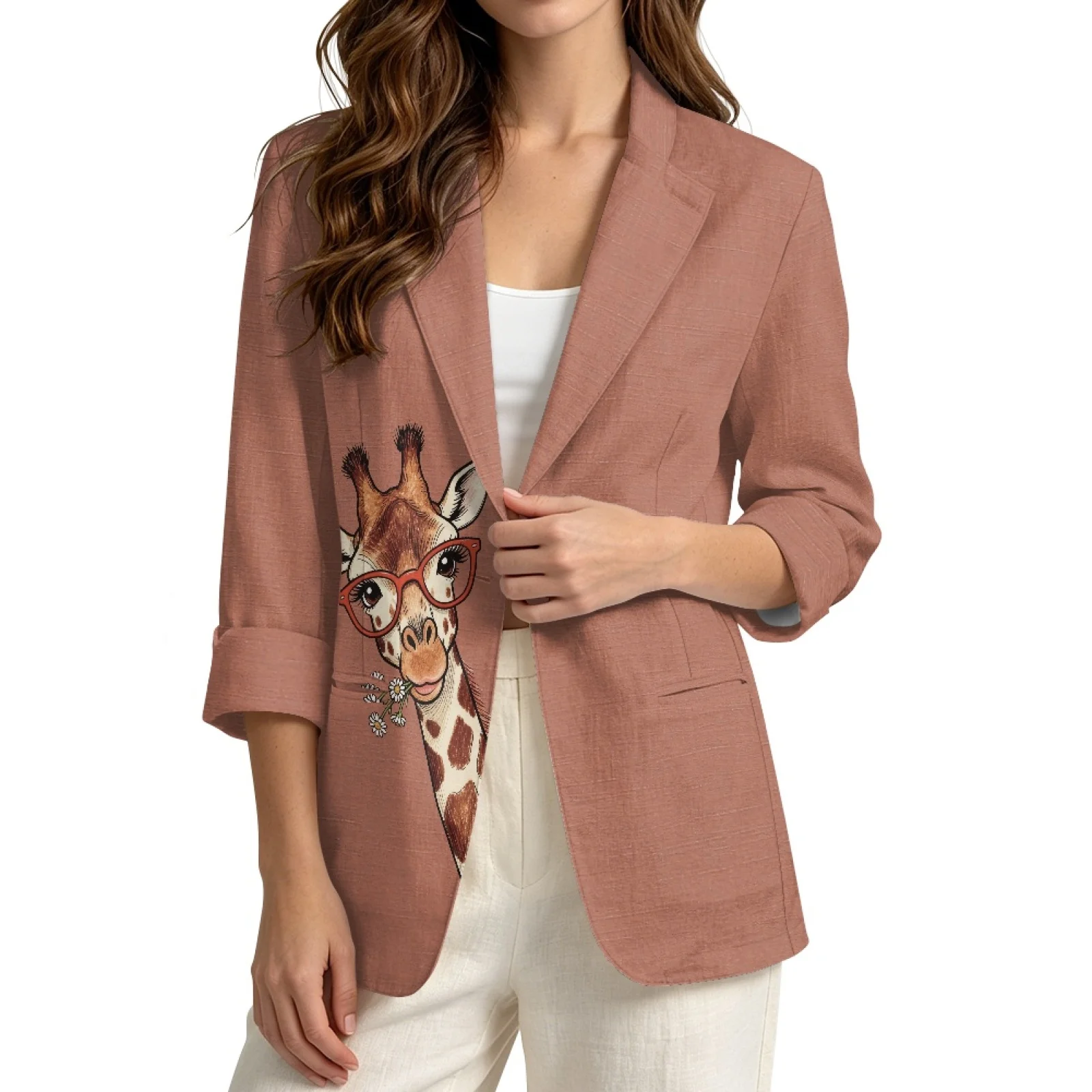 PENSTROLL Artistic Giraffe Open Front Layering Tank Jacket for Business Linen Like Fall Jackets Sizes S-3XL