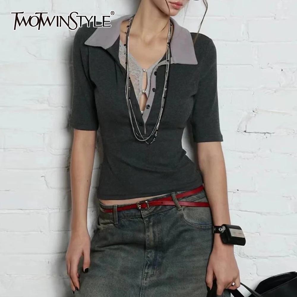 

TWOTWINSTYLE Hit Color Slimming Spliced Lace Up T Shirts for Women Lapel Short Sleeve Tunic Temperament T Shirt Female