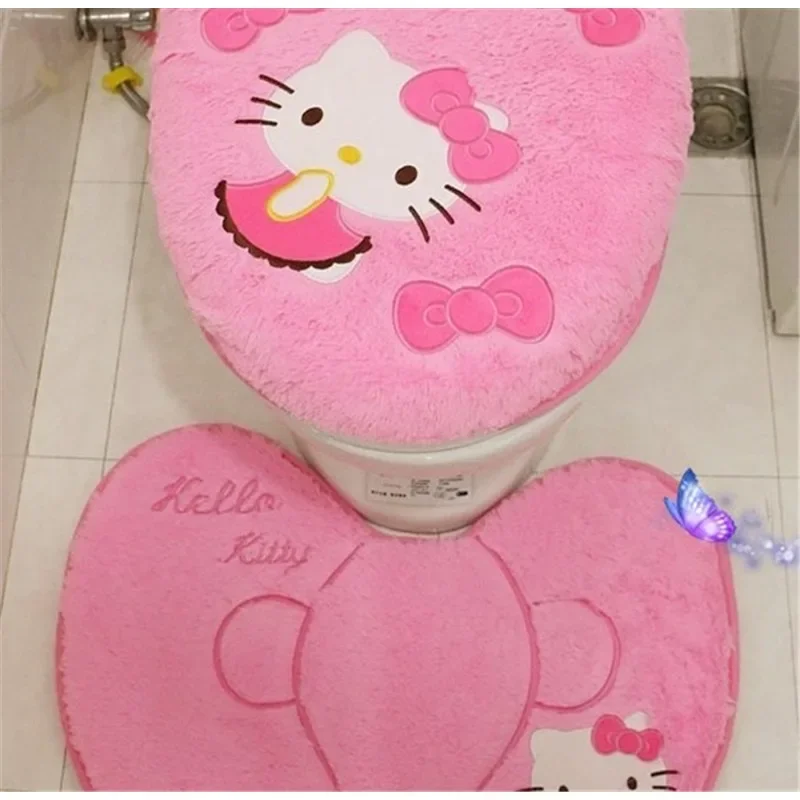 Sanrio Anime Hello Kitty Toilet Seat Cushion Three Pieces Set Restrooms Universal Winter Household Plush Toilet Seat Cover gift