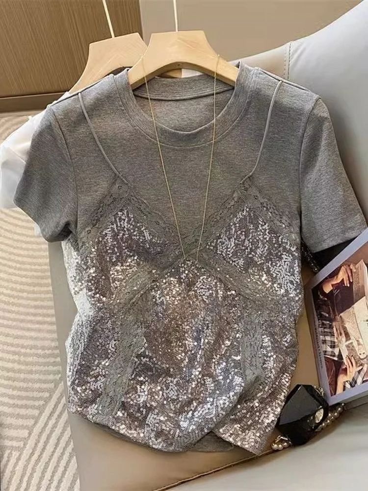 White Two Piece Lace Camisole Patchwork T-shirts 2026 Summer New All-match Tee Shirt O-neck Short Sleeve Top For Women