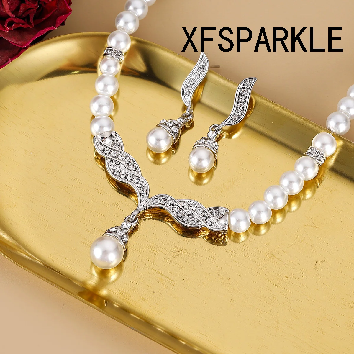 Personality Pearl necklace earrings set Women's fashion temperament explosive alloy electroplated bridal dress accessories