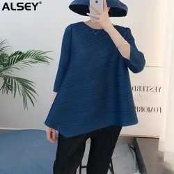 ALSEY Miyake Pleated Loose Casual Long Sleeve T-shirt for Women Spring Summer New Korean Simple Fashion Tops Aesthetic Clothes