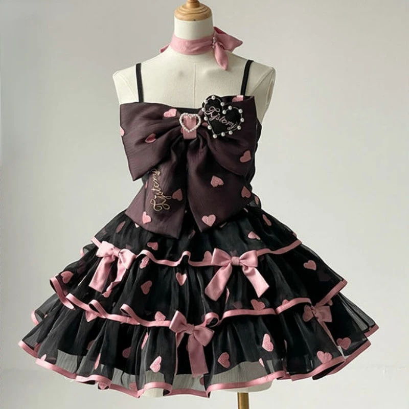 Coalfell-Vestidos Lolita victorianos japoneses para mujer, Tops sin mangas con lazo de encaje, falda de pastel de amor escalonada, conjuntos de Lolita dulces Kawaii