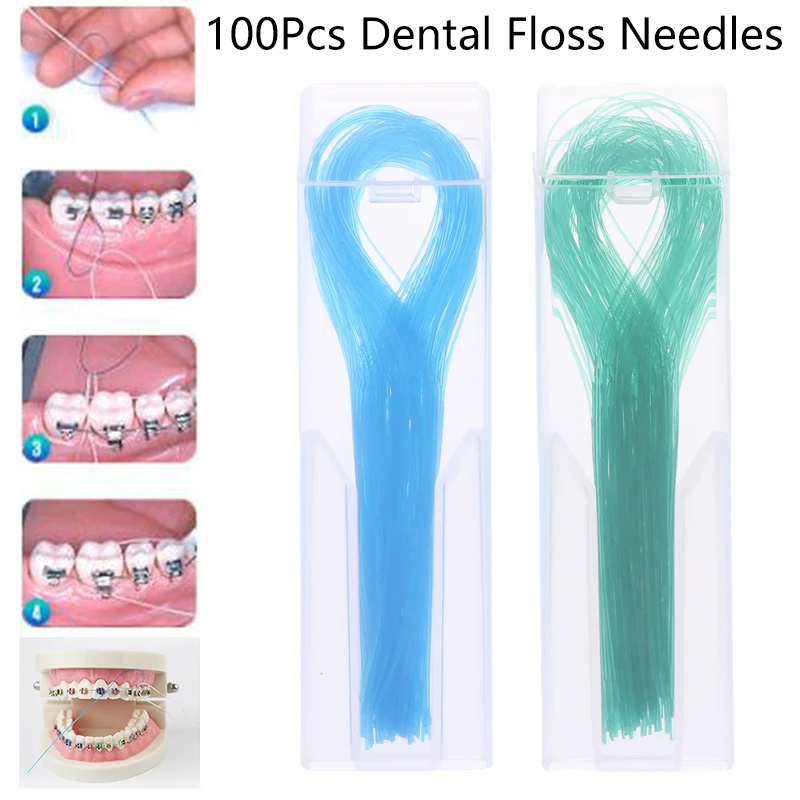 100Pcs Dental Floss Threader Nylon Dental Traction Line For Crown Brace Bridge Implant Hoop Threading Braces Steel Traction