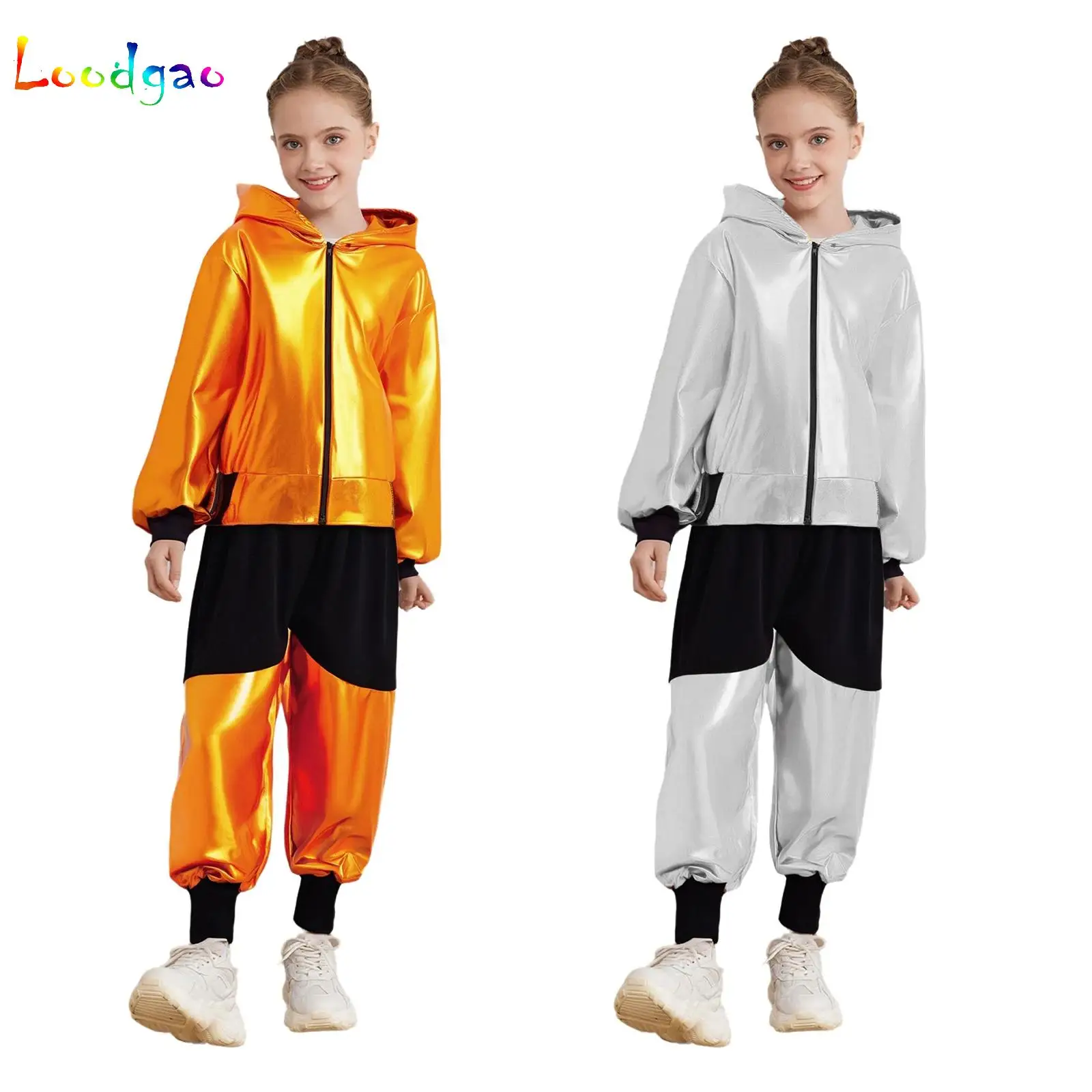 

Kids Boys Metallic Set Girls Jazz Hip-Hop Street Dance Performance Costume Long Sleeve Athletic Hooded Jacket Coat with Pants