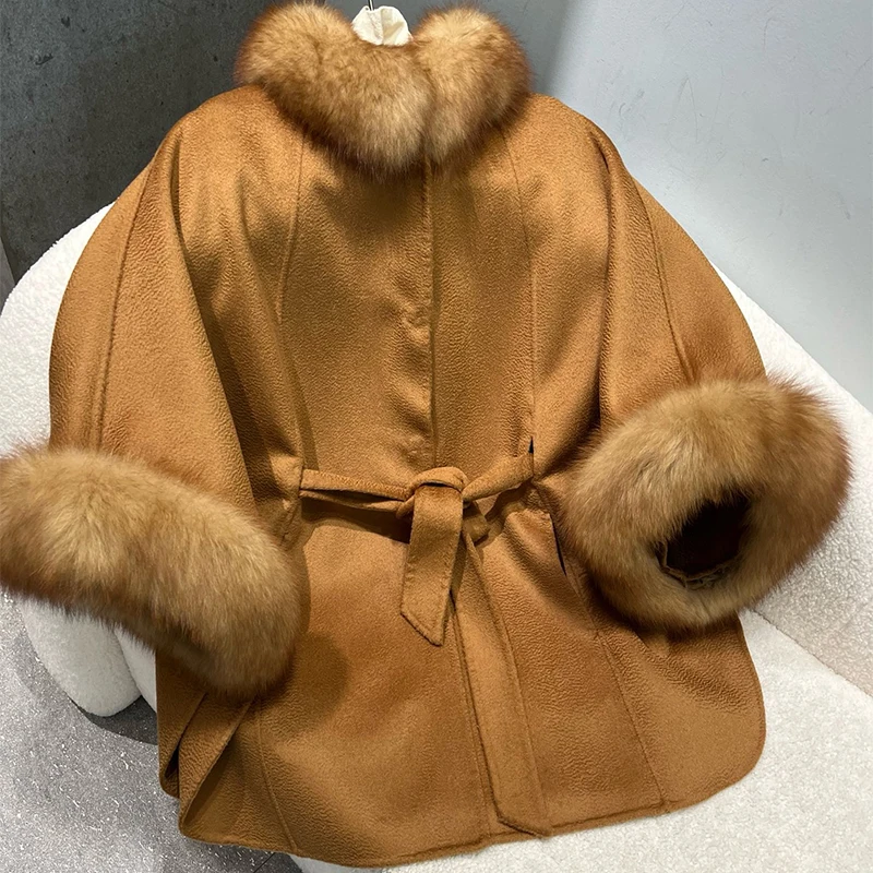 Korea Style Oversize Women Thick Camel Woolen Cape Real Fox Fur Collar and Cuff Warm Cloak Coat