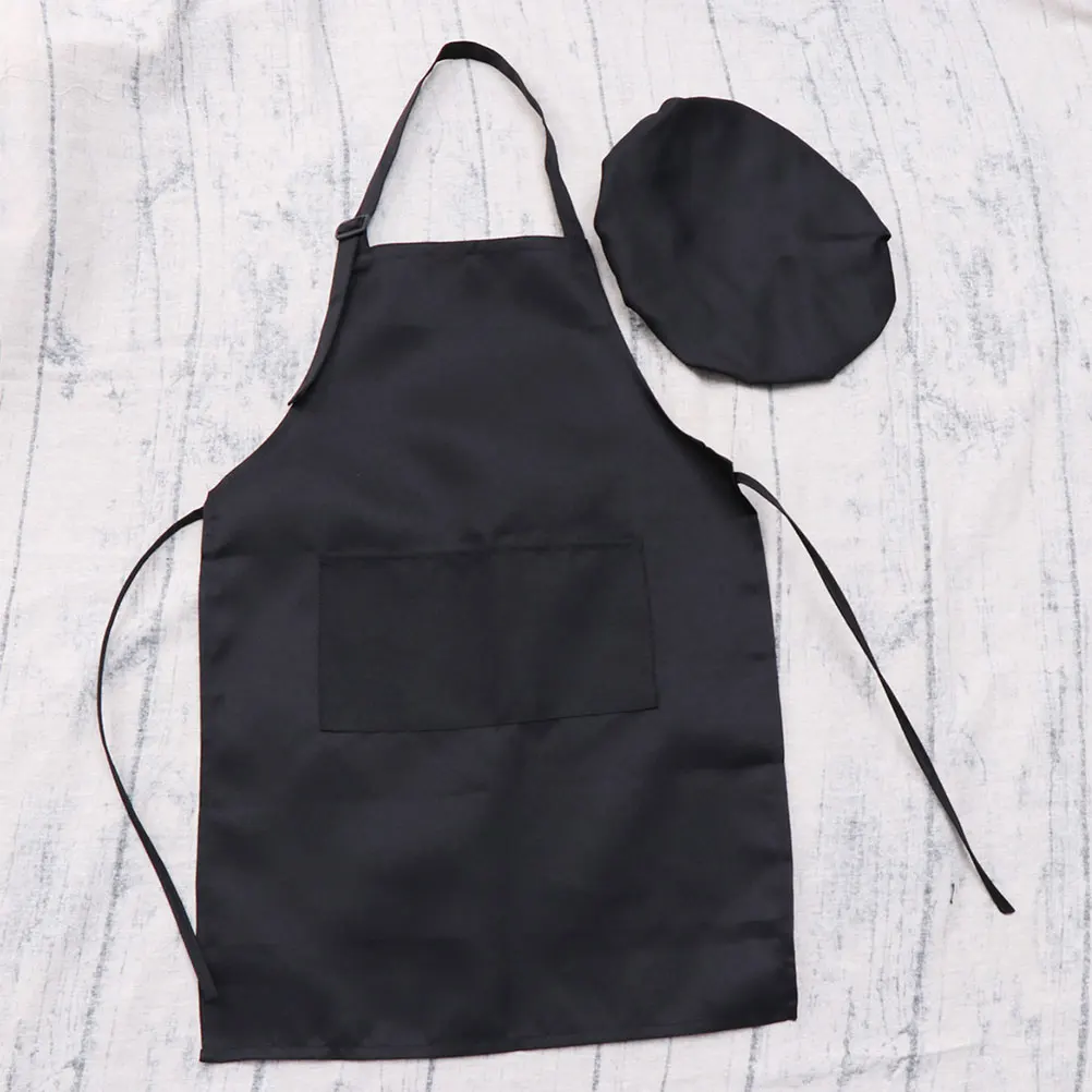 1Set Cooking Apron Hat Set Black Size L Adjustable Neck Waist Kitchen Baking Party Art Painting Clothes