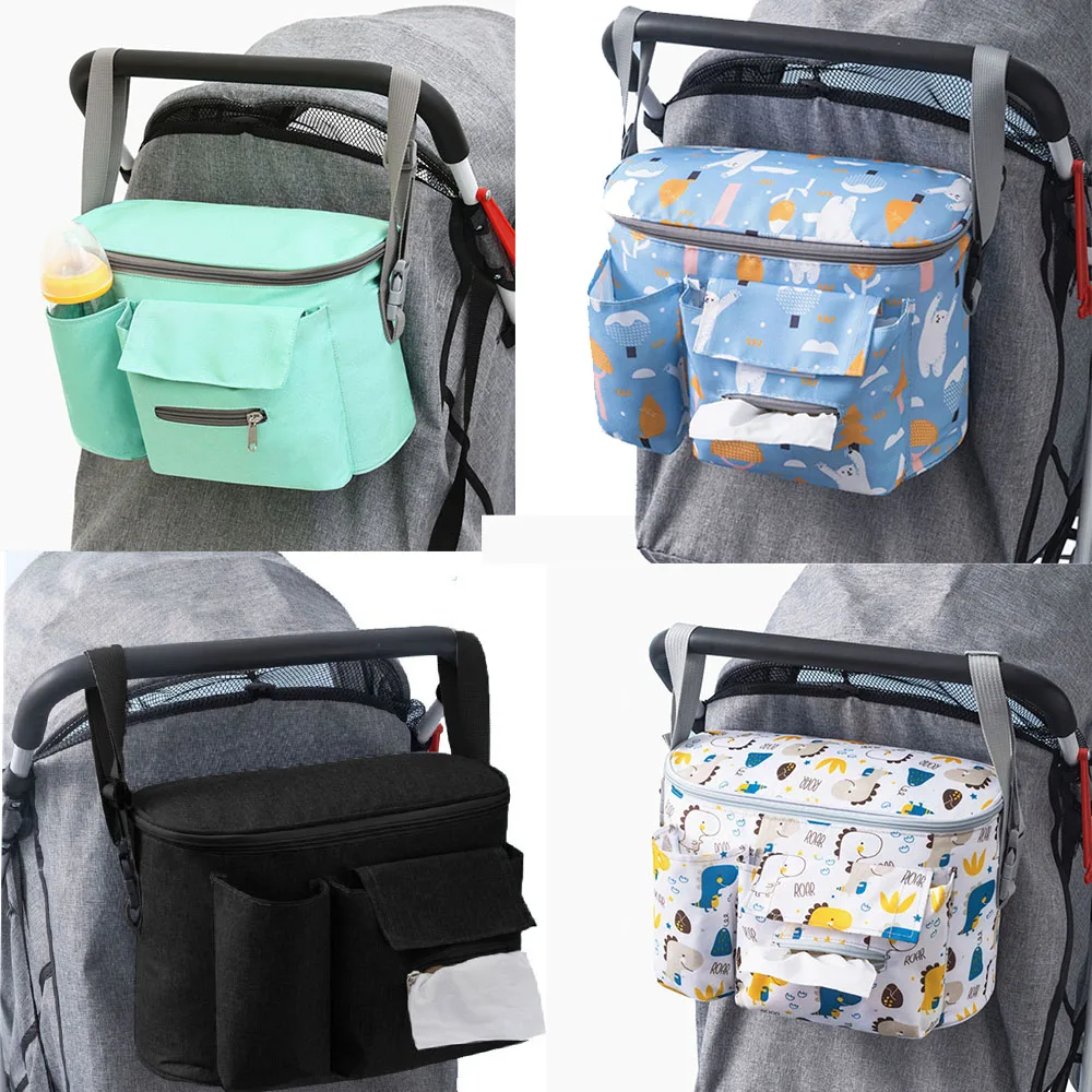 Organizer kereta bayi Universal dengan tempat gelas. Penyimpanan popok, saku untuk telepon, kunci, mainan. Desain Ringkas