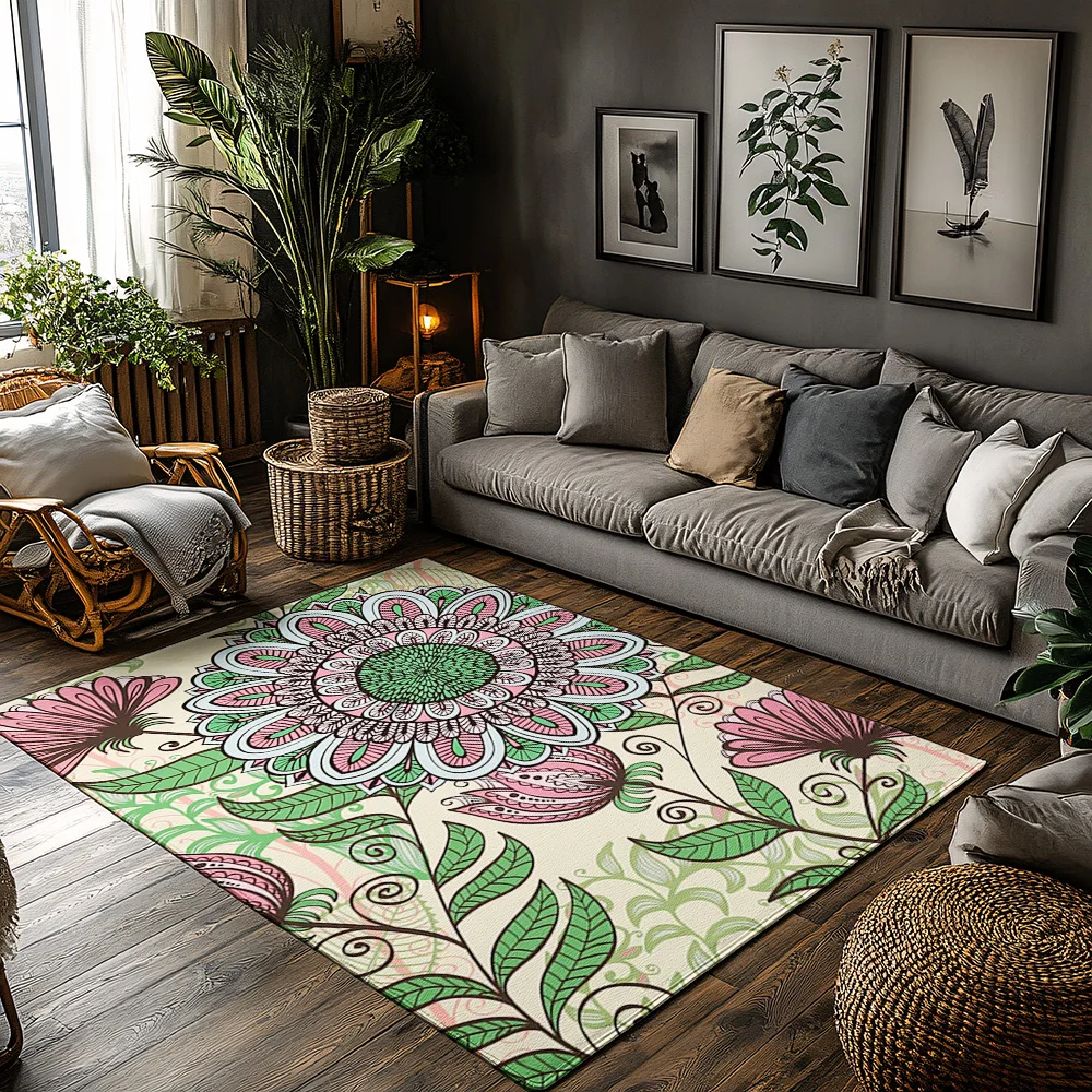 

Floral Area Rug Washable Non Slip Indoor Outdoor Carpet Bohemian Home Decor Living Room Bedroom Floor Mat Artistic Design Patter