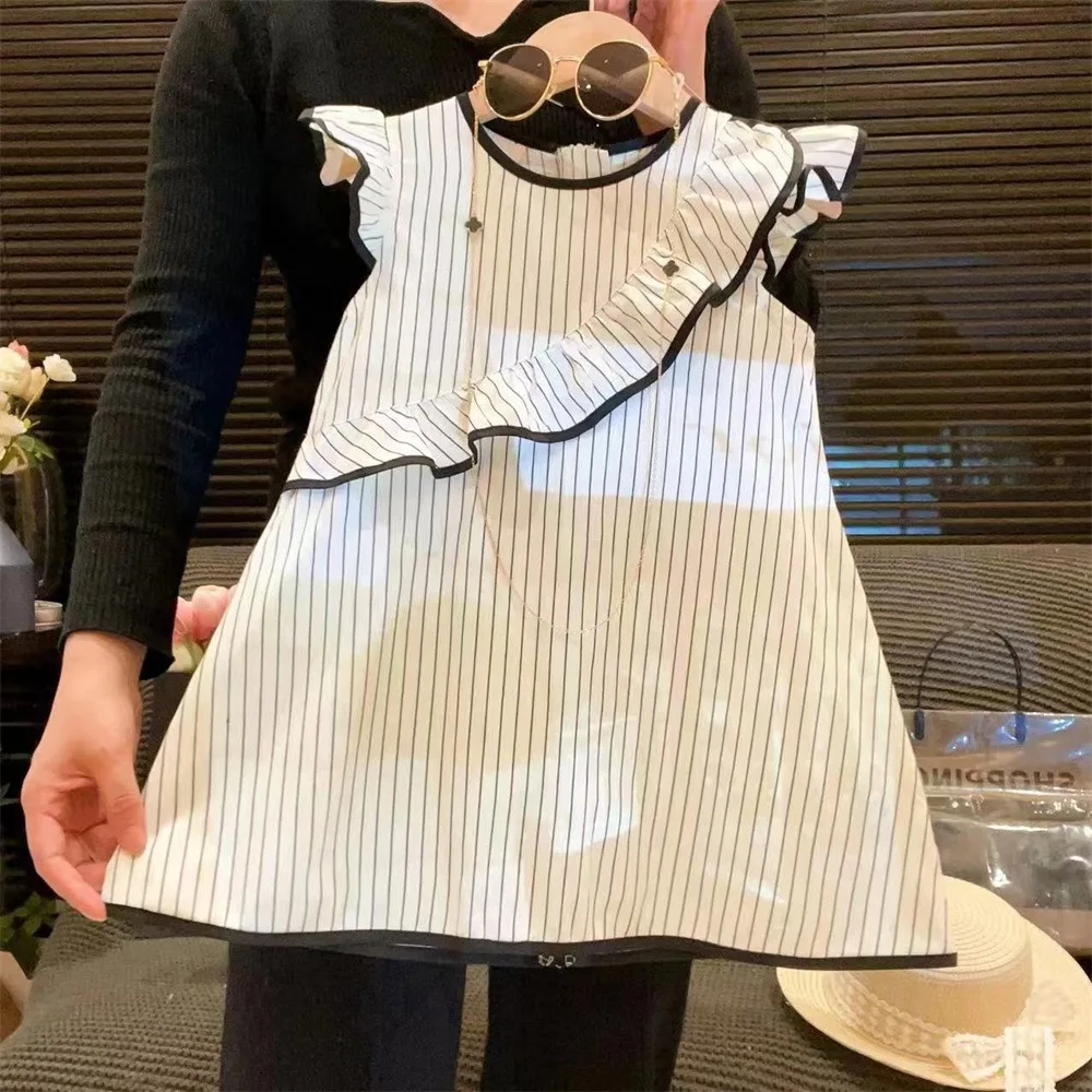 

New 2024 Summer New French Stripe Small Flying Sleeves Dress Irregular Sleeveless Doll Dress Toddler Girl Clothes
