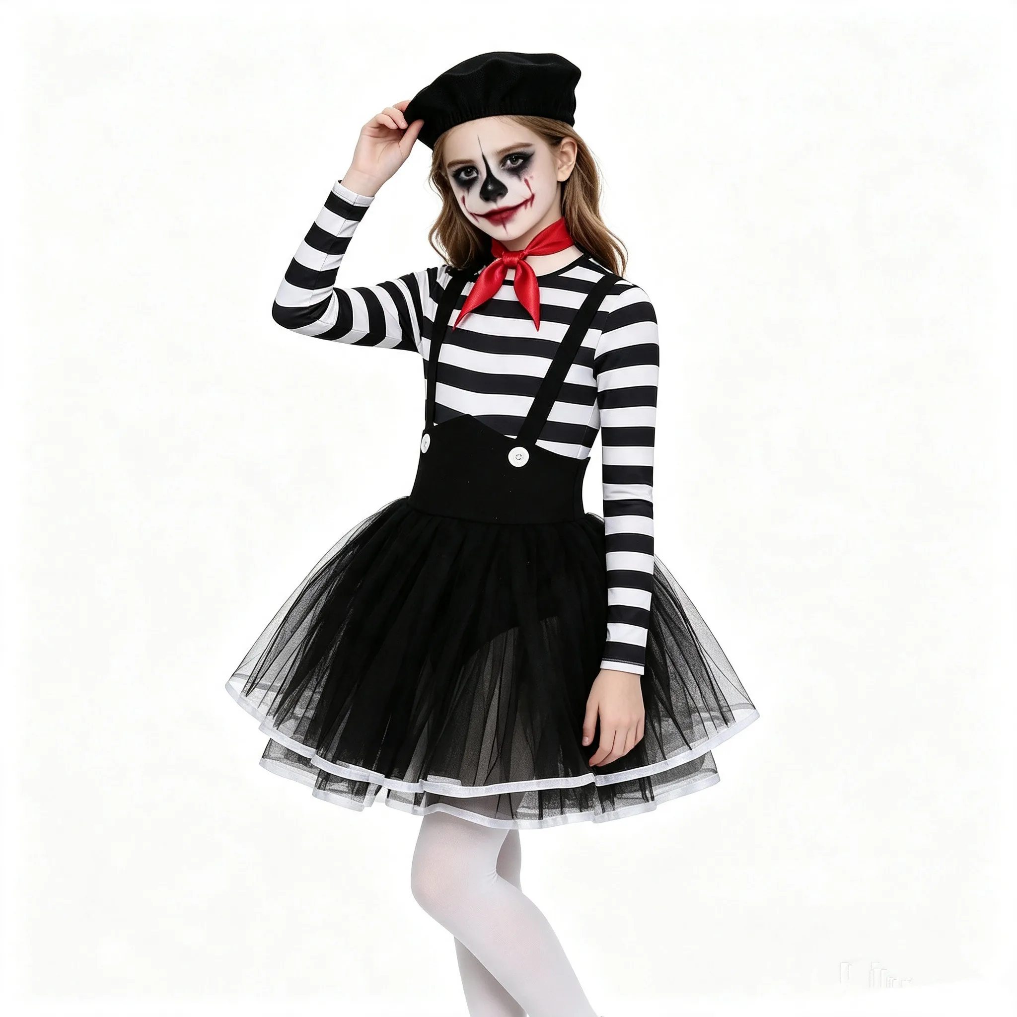 Kids Girl Long Sleeve Mesh Tutu Circus Wicked Clown Jester Dress with Hat Neck Scarf Halloween Masquerade Carnival Party Costume