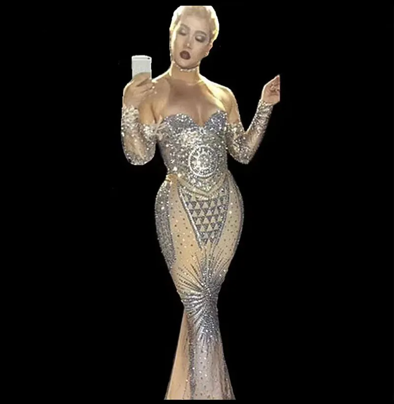 

Full Stones Long Big Tail Dress Sparkly Rhinestones Nude Long Dress Sexy Nightclub Costume Prom Birthday Celebrate Dresses