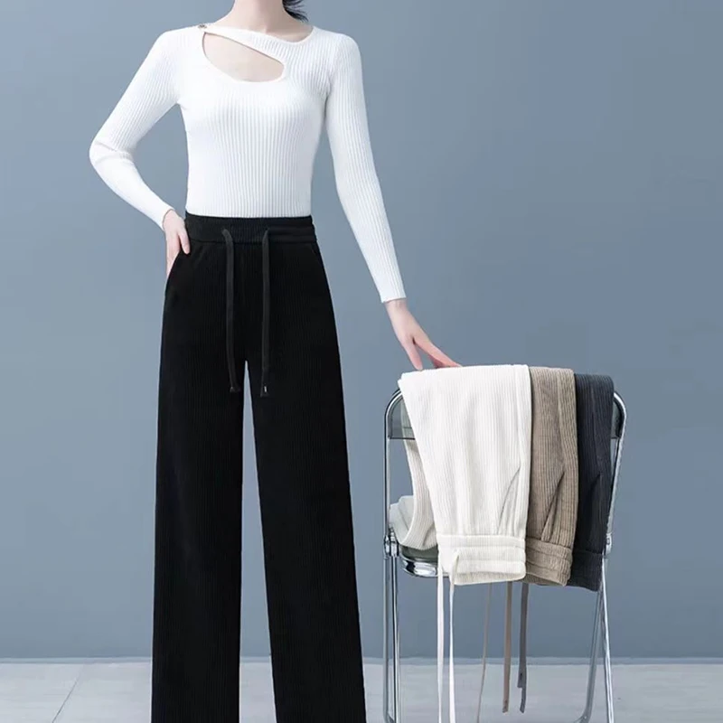 

2024 Women Winter Chic Solid Color Slim Fit Mom Long Pants Lady Versatile Elastic Wide Leg Straight Leg Fleece Thermal Trousers