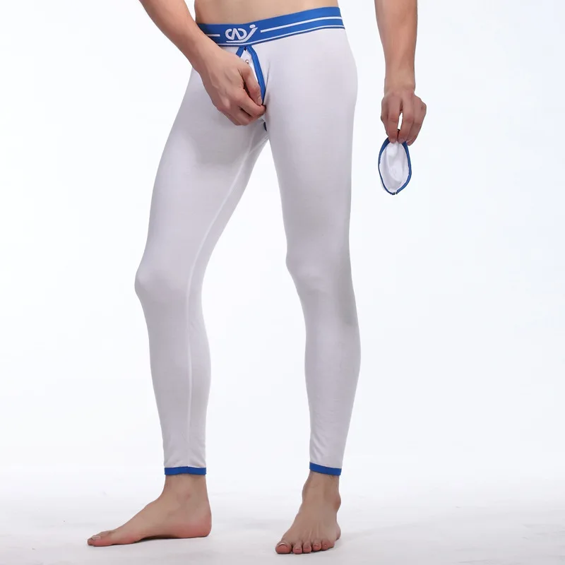 Men's Sexy Thermal Long Johns with Detachable Big Pouch Design Winter Warm Keep Low Rise Leggings Crotchless Panties