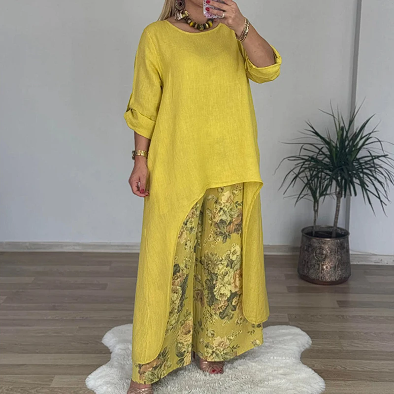 

Fashion Wide Legger Loose Pant Suits Casual O-neck Solid Irregular Top & Print Pant Sets Women Elegant Cotton Linen 2Pc Outfits