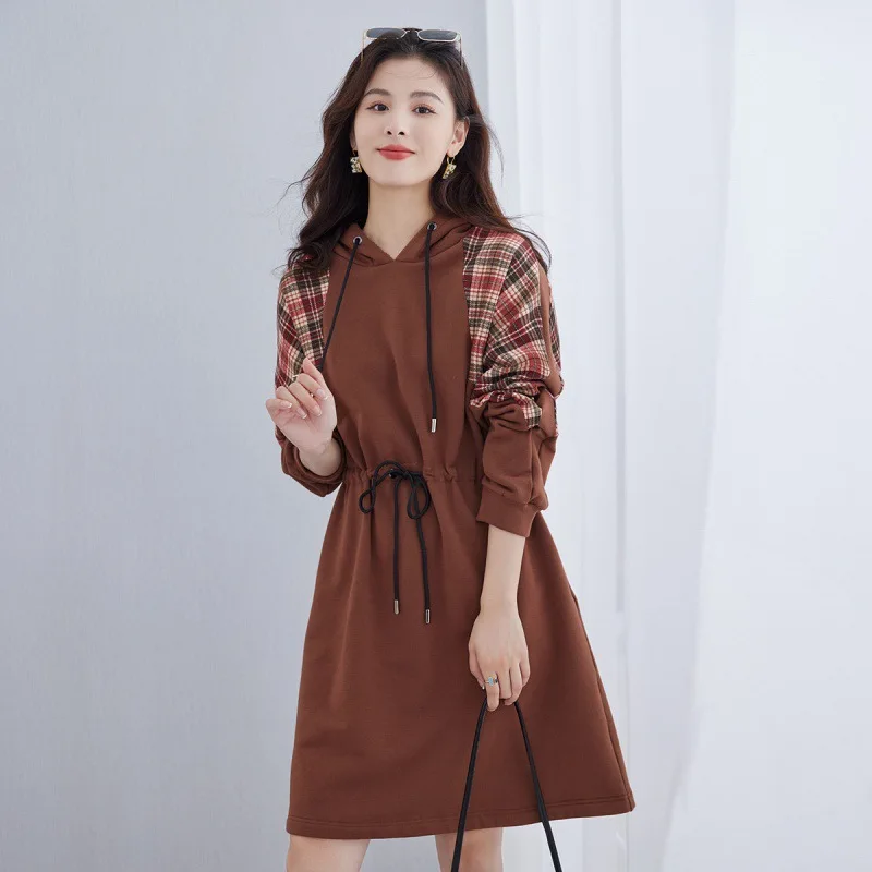 Mid-length Hooded Sweater Dress for Women Long Sleeve Waist Pulling Versatile Casual Fashion New Spring and Autumn 2024