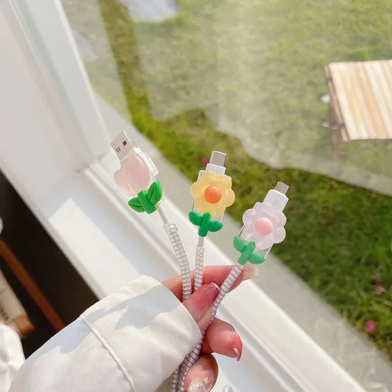 Kawaii Floral Cable Protector USB Charger Data Line Wire Cord Case Soft TPU Cover Cable Organizers Office Desk Organizer