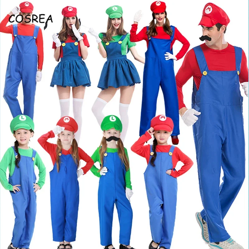 Super Bros Luigi Plumber Hats Beard Suit Cosplay Costume Halloween Party Fancy Dress Parent-child Adult Kids Women