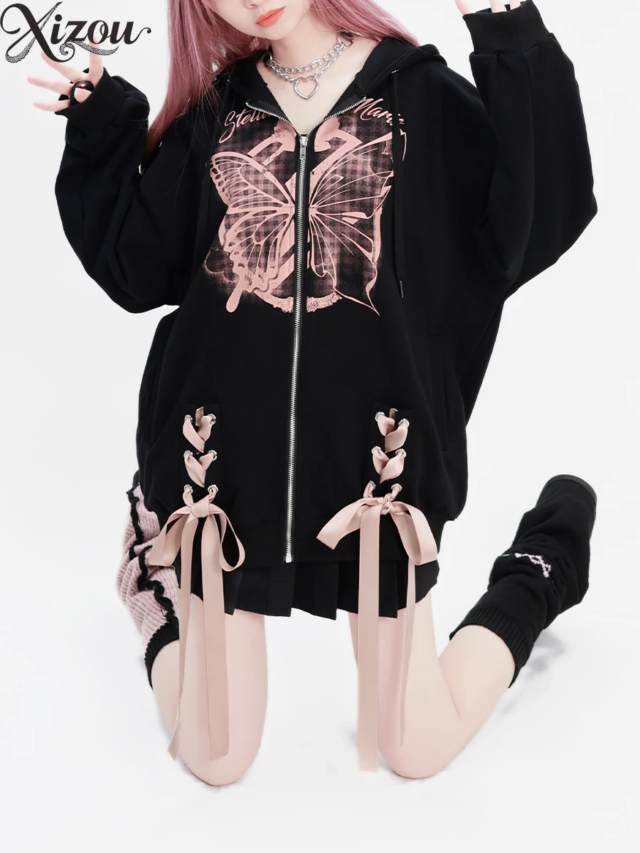 2025 가을 겨울 스웨트셔츠 여성 후드 재킷 루즈 리본 나비 프린트 지퍼 블랙 하라주쿠 스트릿웨어 캐주얼 코트 Y2k