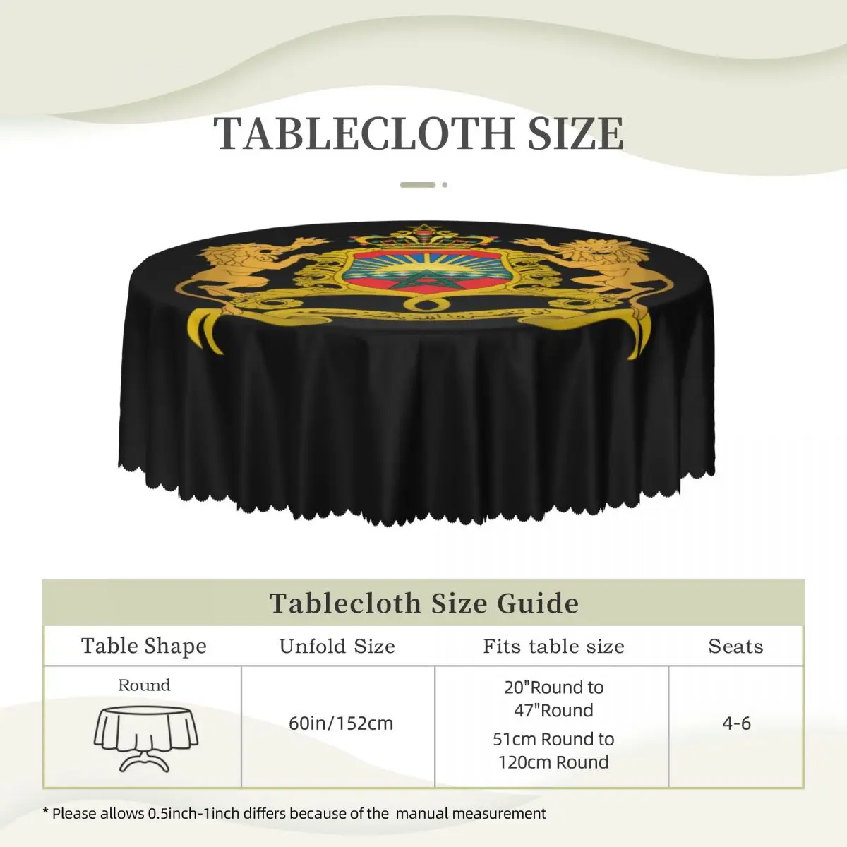 Kingdom Of Morocco Tablecloth Round Waterproof Moroccan Patriotic Table Cloth Cover for Banquet 60 inches