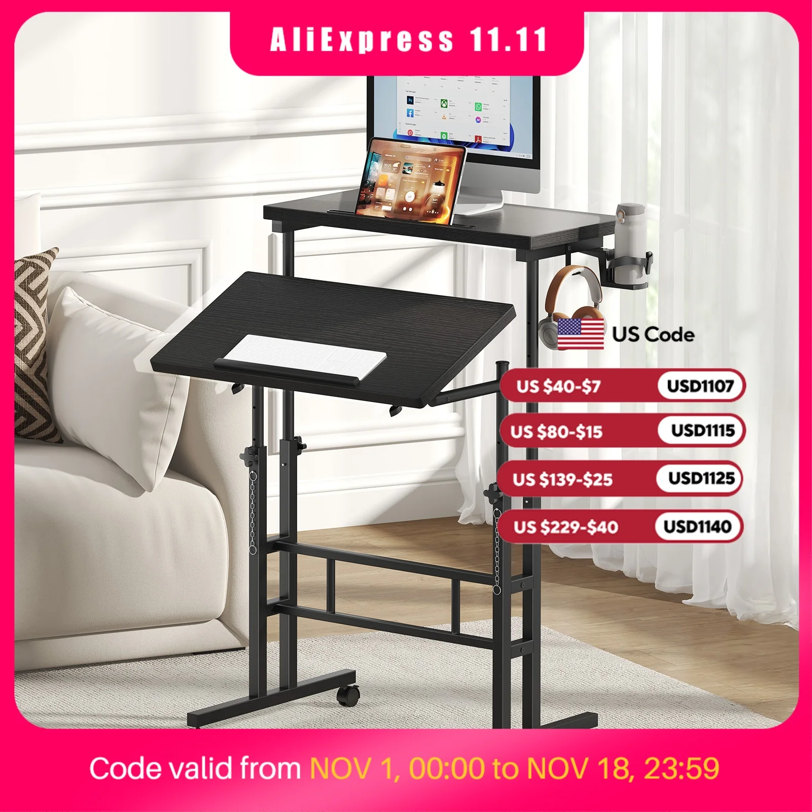 Home Office Work Table - MCQ 23.6 Inch Rolling Standing Computer