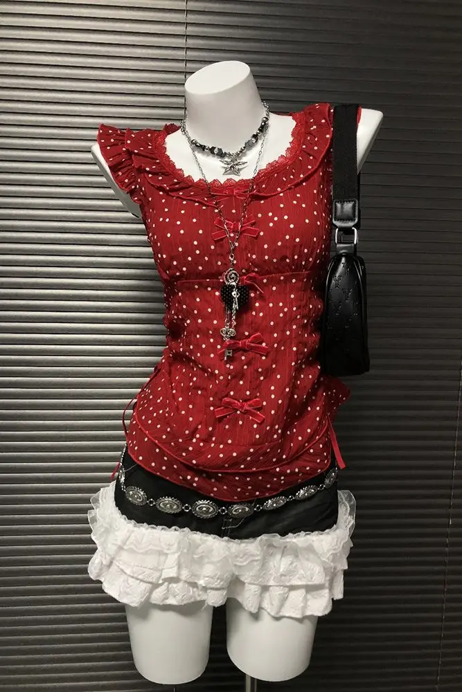 Retro Niche Millennium Spicy Girl Y2k Abi Outfit Ancient Bow Bow Polka Dot Lace Patchwork Slimming Top Women