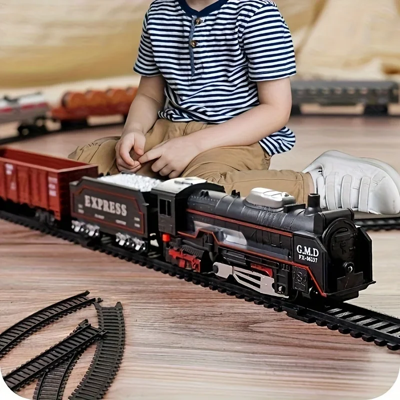 Kids Electric Train Set with Light-Up Tracks, DIY Railway Model Toy Steam Locomotive Sounds, Educational Playset for Boys& Girls