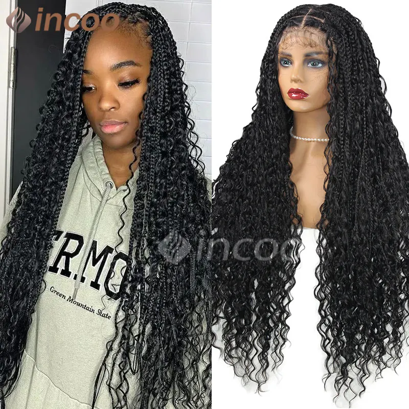 

Bohemian Jumbo Braided Wigs Synthetic With Curly ends Box Braid Full Lace Frontal Wigs Goddess Locs Braided Wigs Burgundy Hair