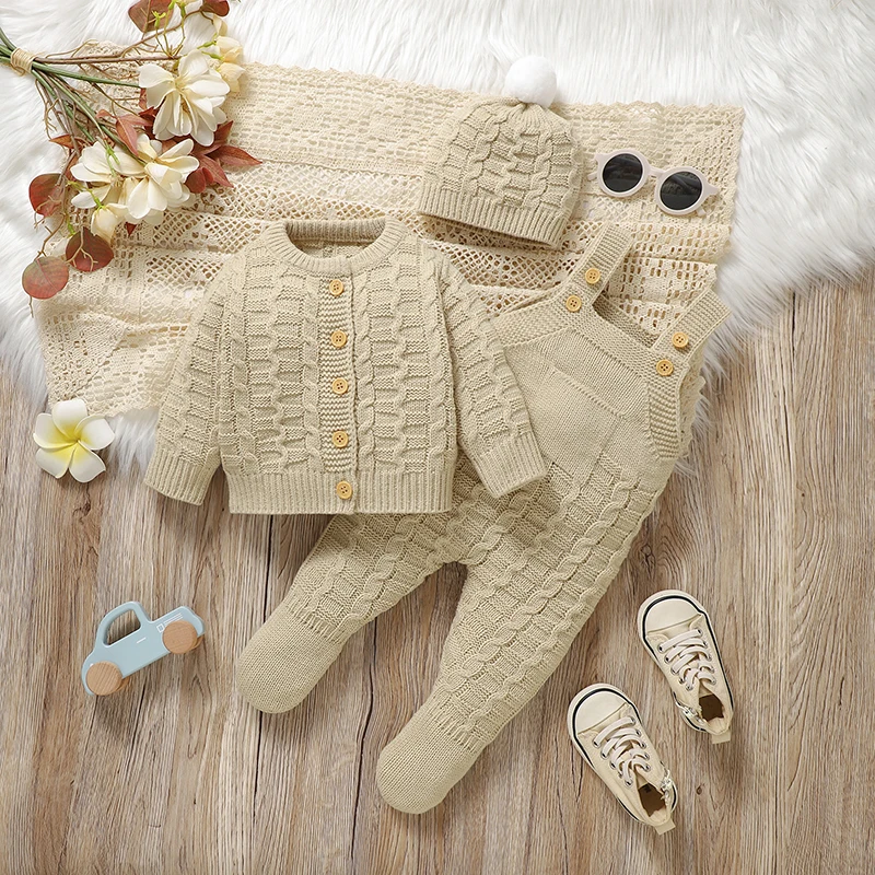 Newborn Baby Clothes Set Knitted Toddler Sweater +Jumpsuit Hat Sleeveless 3pcs Attire Infant Boys Girls Cardigan+Romper Cap 0-9M
