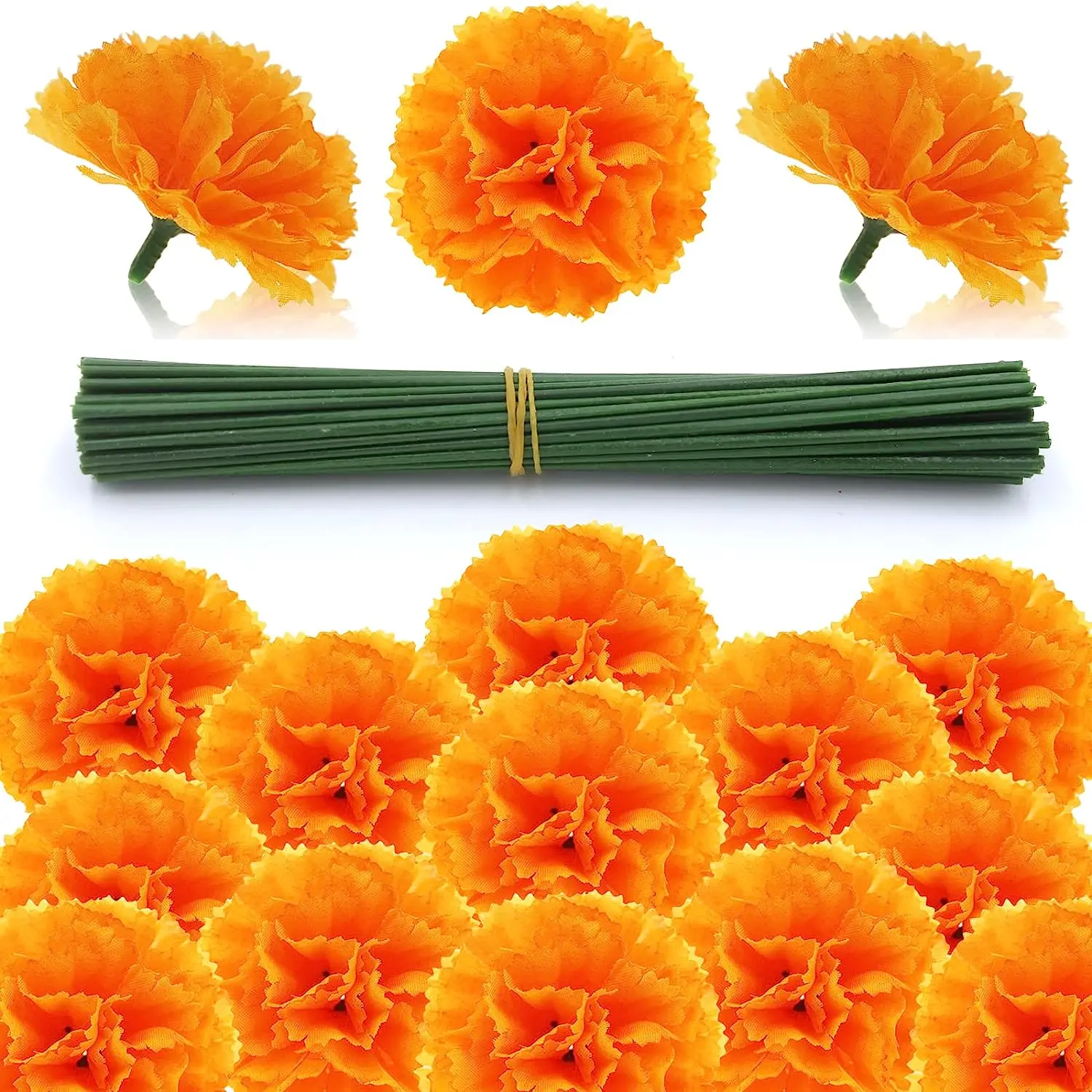 Yannew 50pcs Artificial Marigold Flowers with Stem Bulk Flower Bunch for Halloween Day of The Dead Diwali Decor DIY Wreath Craft