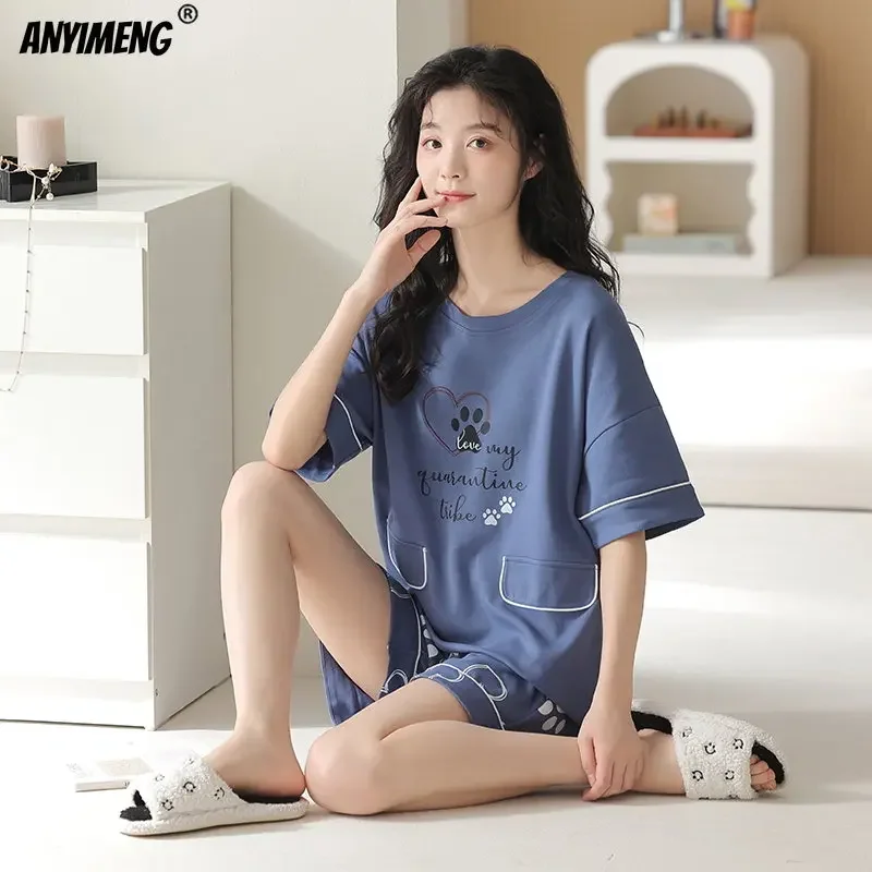 M-5XL Cute Bear Homesuits for Lady Woman Knitted Cotton Nightwear Summer Shorts Leisure Sleepwear Cool Pajamas Set for Female